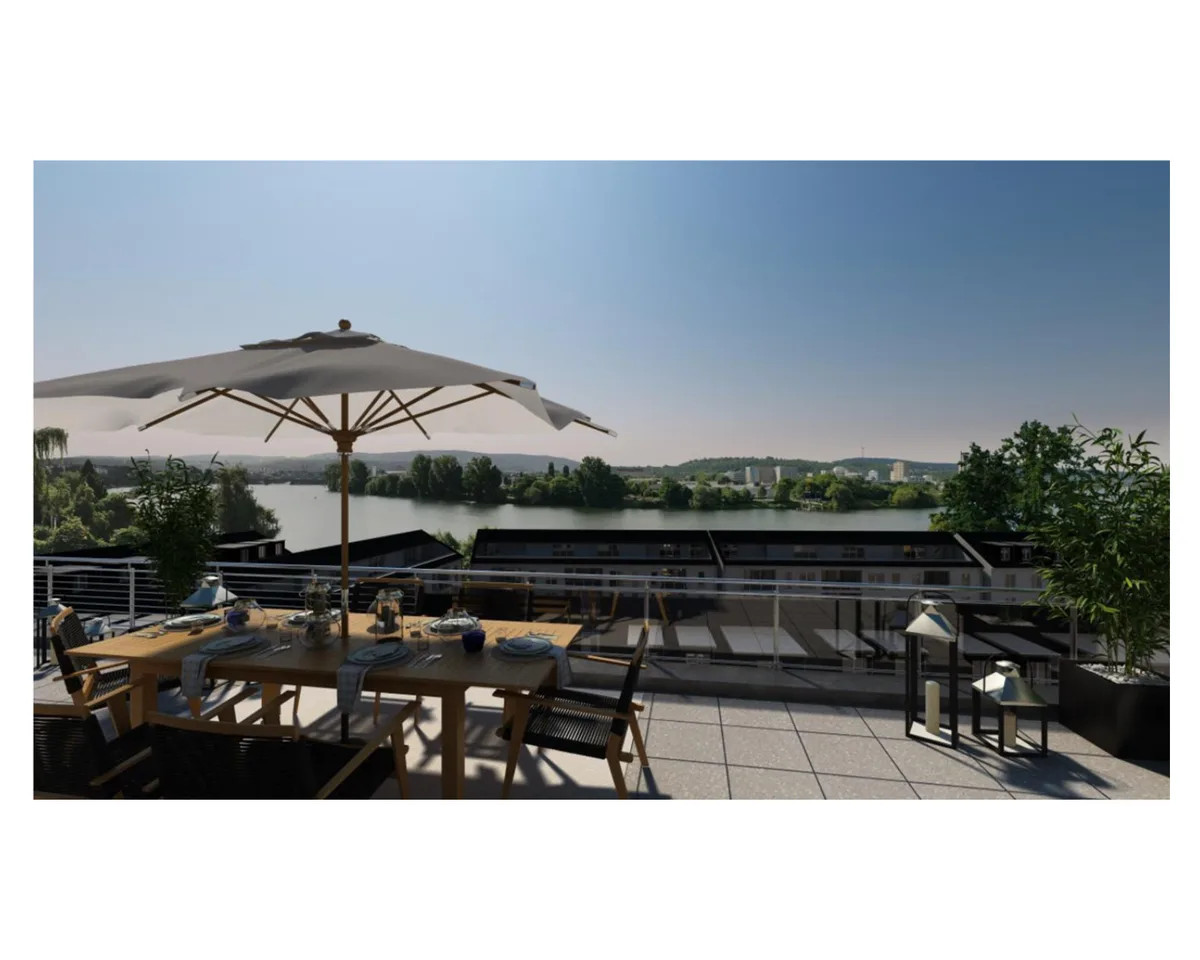 Visualisierung einer Dachterrasse des Quartiers Rheinblick mit Blick auf den Rhein